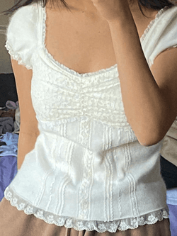Paneled Lace White Puff Sleeve Blouse - AnotherChill