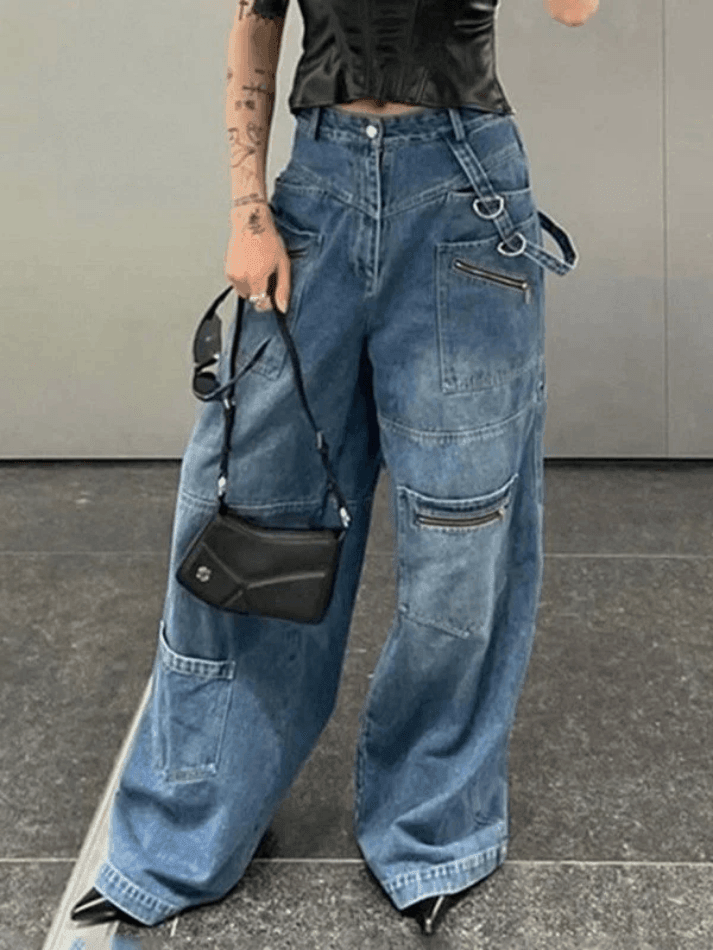 Patchwork Blue Wash Baggy Cargo Jeans - AnotherChill