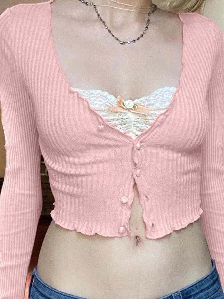 Patchwork Lace Ribbed Knit Crop Top - AnotherChill