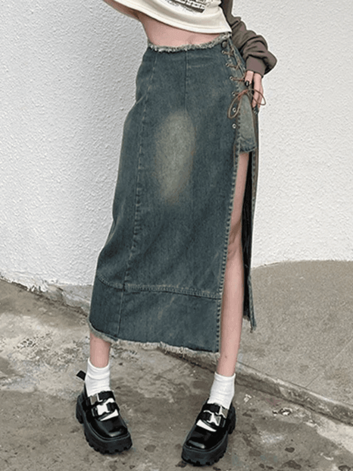 Patchwork Lace Up Split Cargo Denim Skirt - AnotherChill