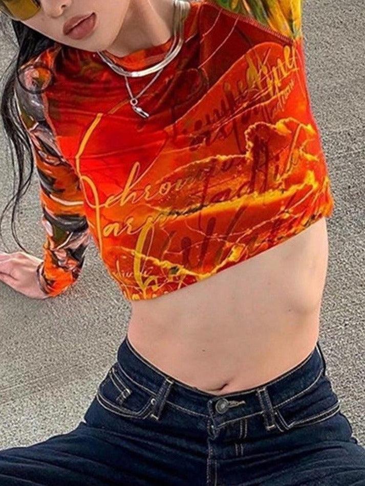Patchwork Printed Mesh Long Sleeve Crop Top - AnotherChill