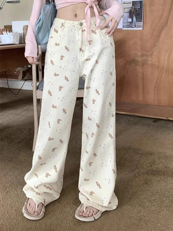Pink Bear Print Boyfriend Jeans - AnotherChill