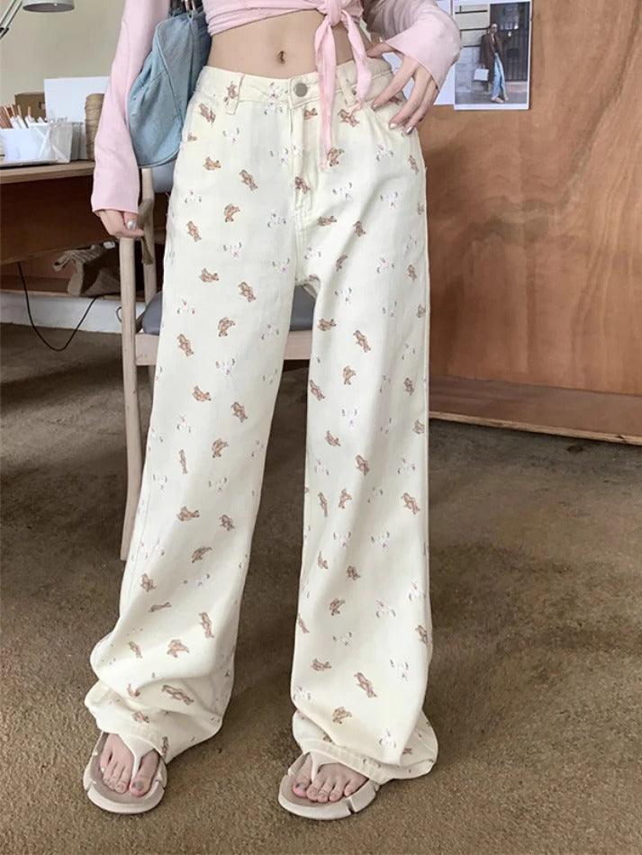 Pink Bear Print Boyfriend Jeans - AnotherChill
