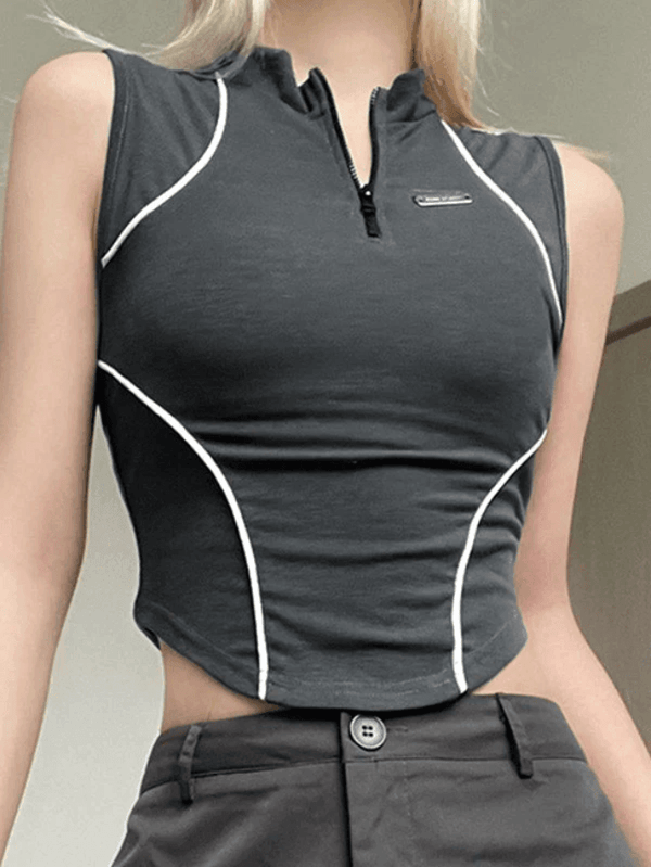 Piping Detail Half Zip Cropped Tank Top - AnotherChill