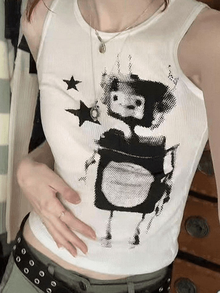 Pixel Robot Star White Cropped Tank Top - AnotherChill