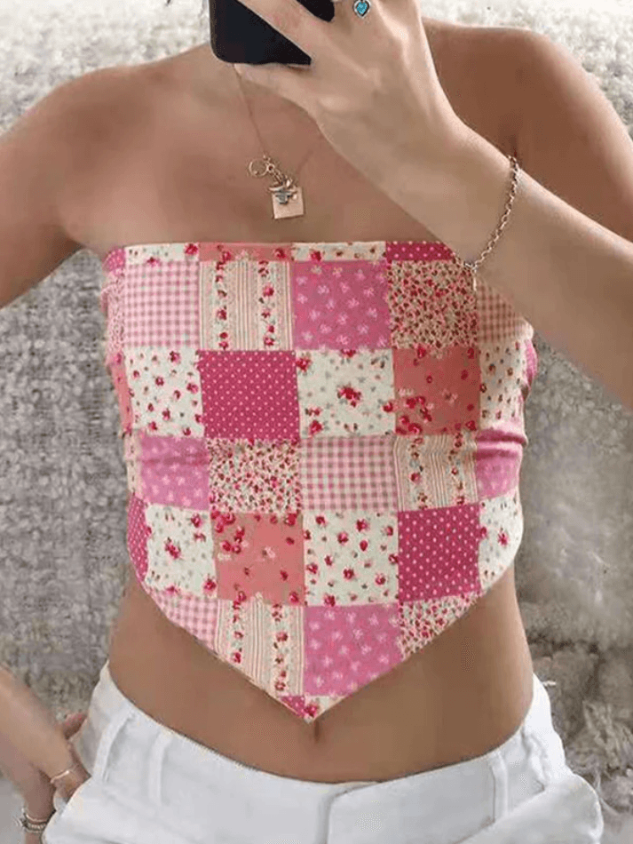 Plaid Floral Pink Bandeau Top - AnotherChill