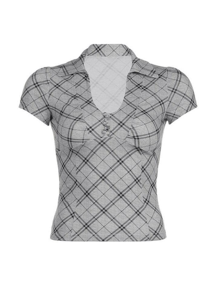 Plaid V Neck Slim Short Sleeve Tee - AnotherChill