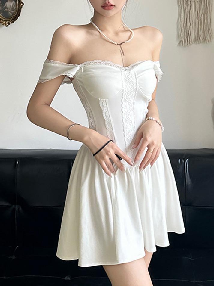 Plain Lace Trim Mini A-Line Corset Dress AnotherChill Plain Lace Trim Mini A-Line Corset Dress AnotherChill