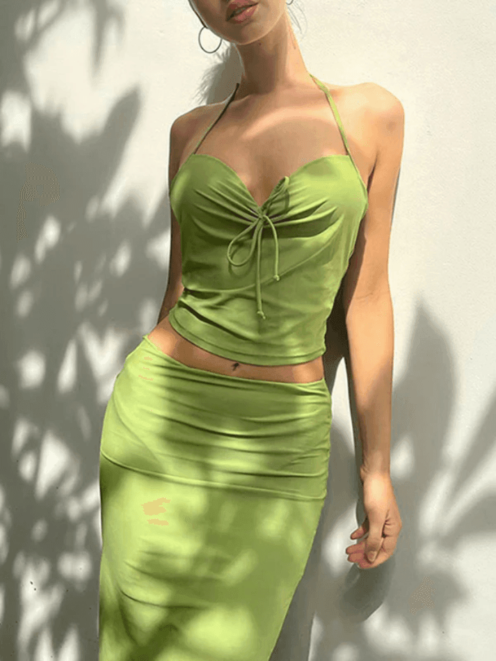 Pleated Lace Up Halter Slim Two Piece - AnotherChill