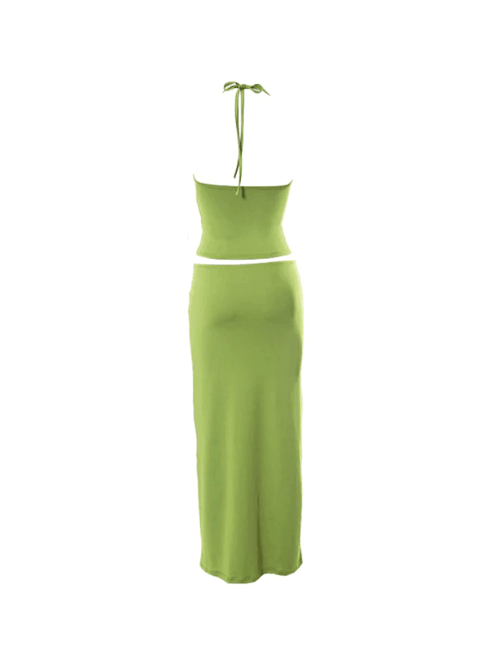 Pleated Lace Up Halter Slim Two Piece - AnotherChill
