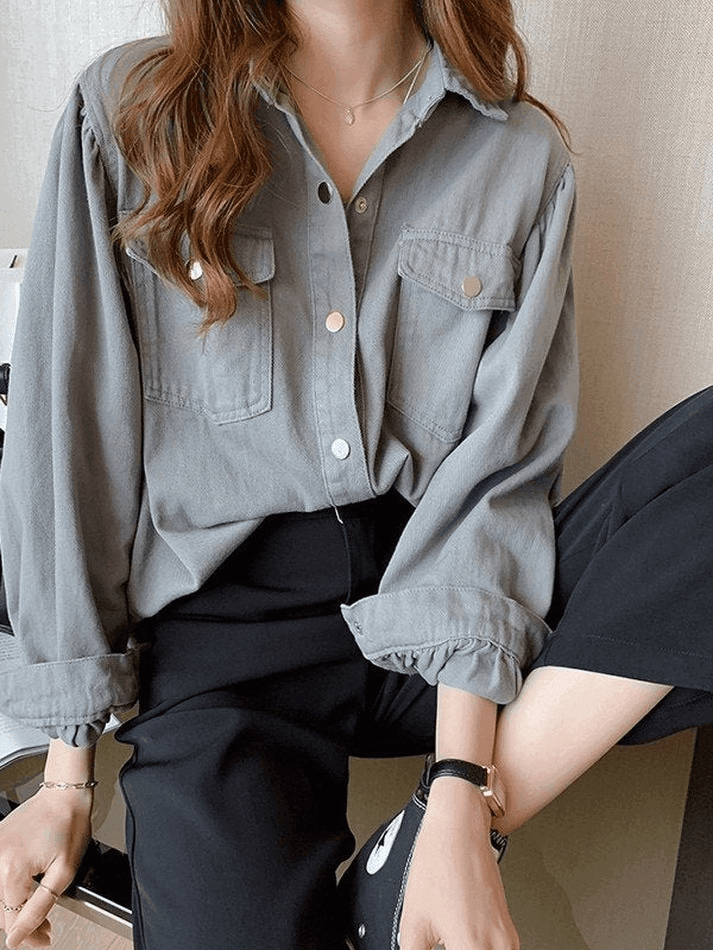 Pleated Oversized Long Sleeve Blouse - AnotherChill