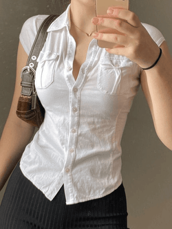 Pocket Button Down Cropped Blouse - AnotherChill