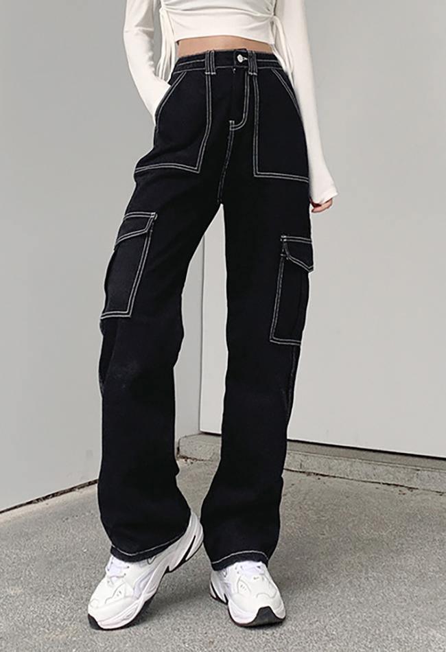2024 Pocket Stitched High Waist Cargo Jeans Black S in Jeans Online ...