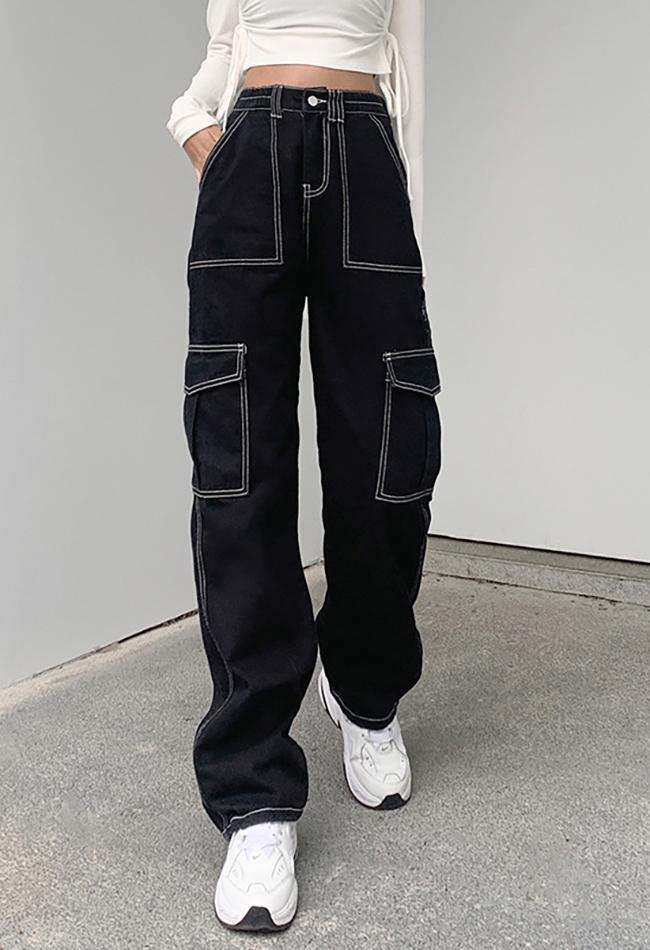 2024 Pocket Stitched High Waist Cargo Jeans Black S in Jeans Online ...