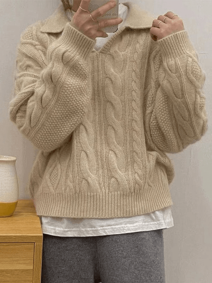 Polo Neck Cable Knit Sweater - AnotherChill