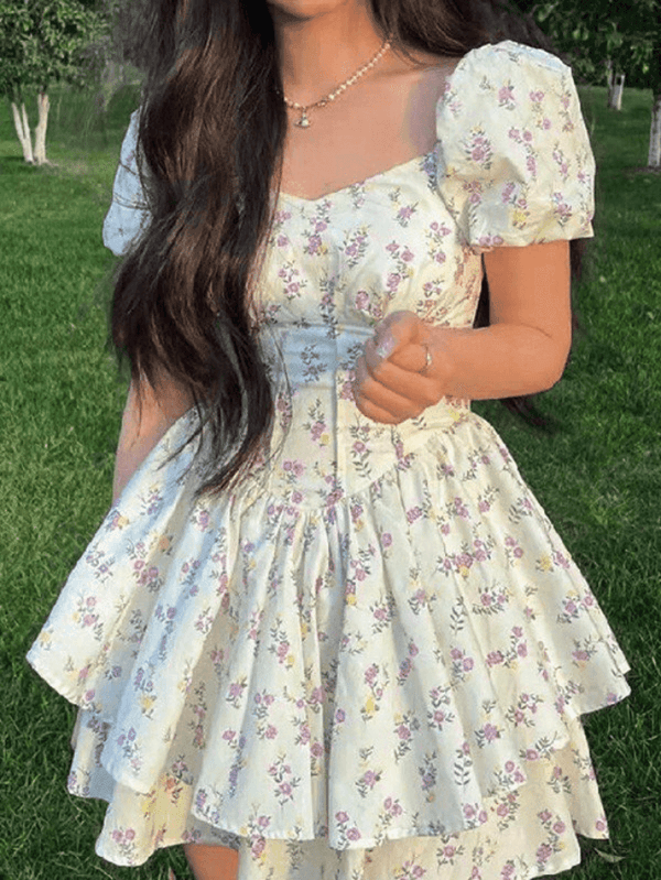 Puff Sleeve Floral Corset Mini Dress - AnotherChill