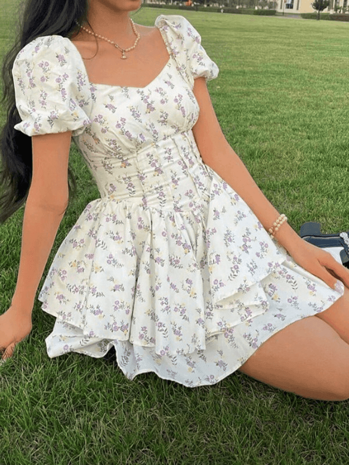 ditsy floral puff sleeve corset dress Floerns Women's Floral Short Puff Sleeve Corset Dress Sweetheart Neck Mini A Line Dresses Pink X-Small at Amazon Women's Clothing store