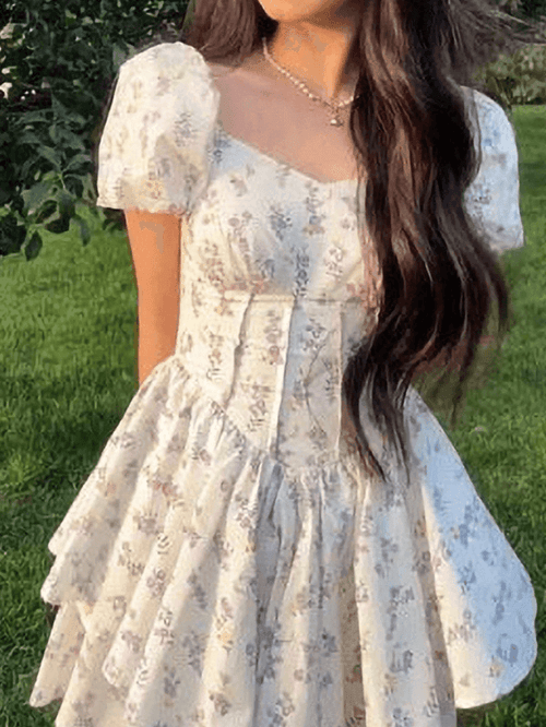 ditsy floral puff sleeve corset dress MissJophiel Corset Floral Print Organza Midi Dress with Puff Sleeves Floral Print / Above Knee / US2