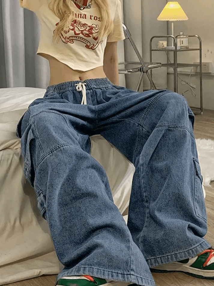 Punk Blue Wash Baggy Cargo Jeans - AnotherChill