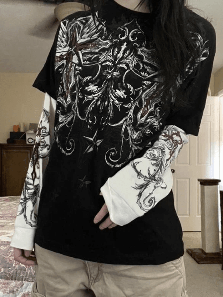 Punk Patchwork Long Sleeve Graphic Tee - AnotherChill
