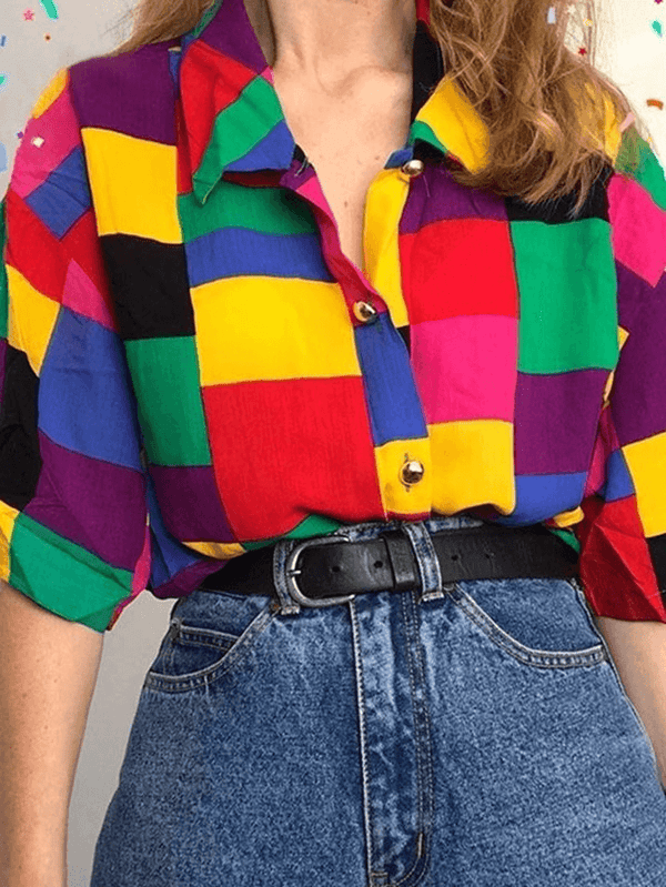 Rainbow Checkered Button Down Blouse - AnotherChill
