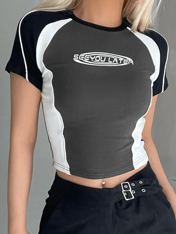 Retro Contrast Letter Short Sleeve Tee - AnotherChill