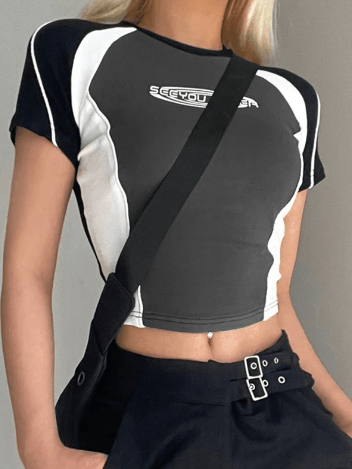 Retro Contrast Letter Short Sleeve Tee - AnotherChill