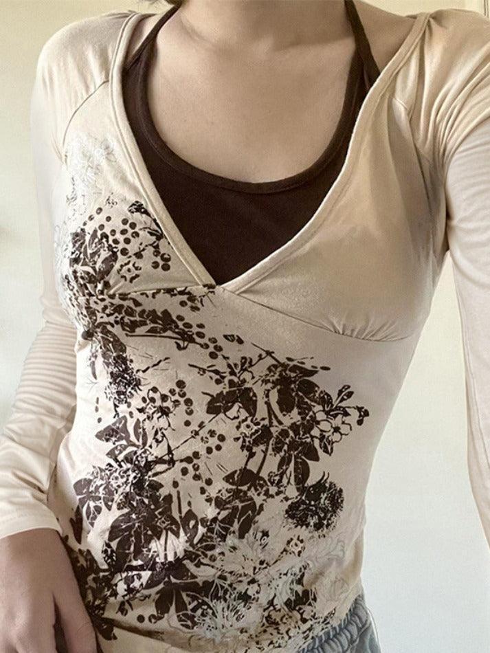 Retro Print Halter Long Sleeve Tee - AnotherChill