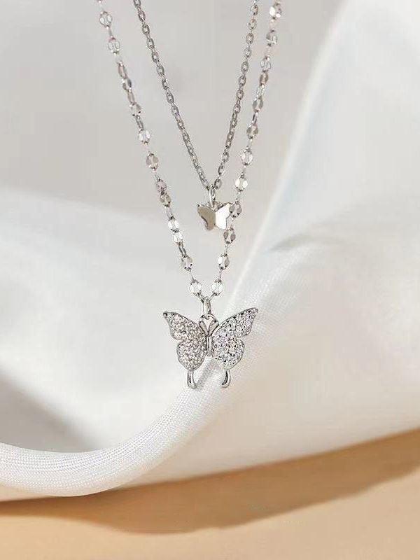 Rhinestone Butterfly Pendant Double Layered Necklace - AnotherChill