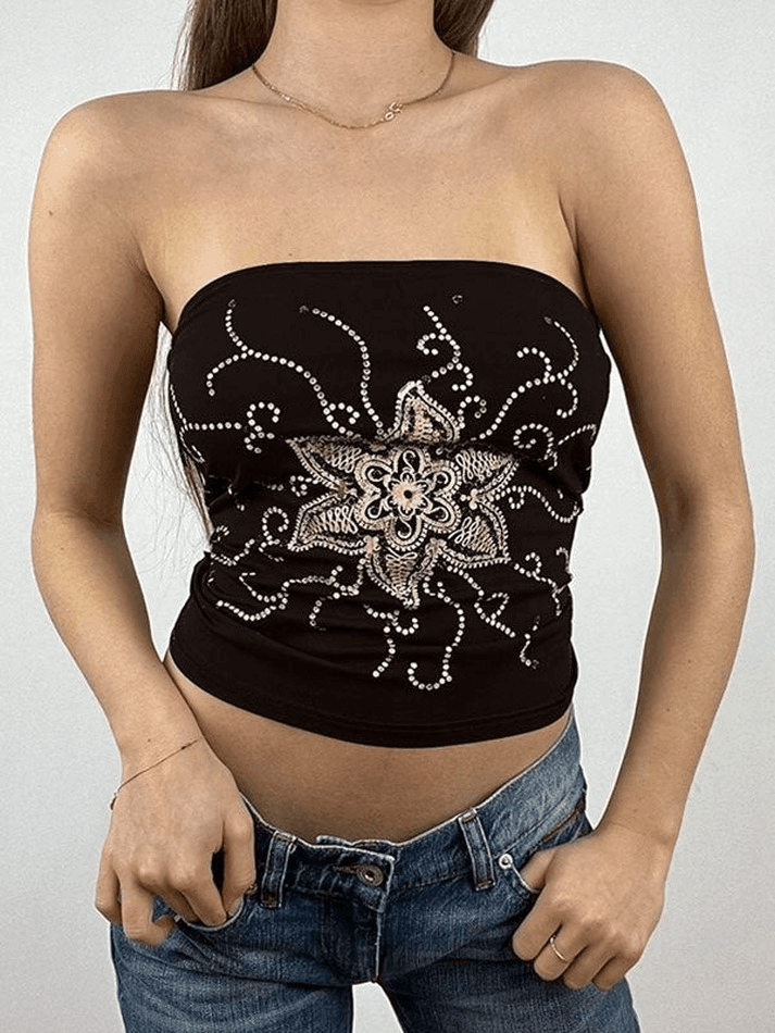 Rhinestone Floral Bandeau Top - AnotherChill
