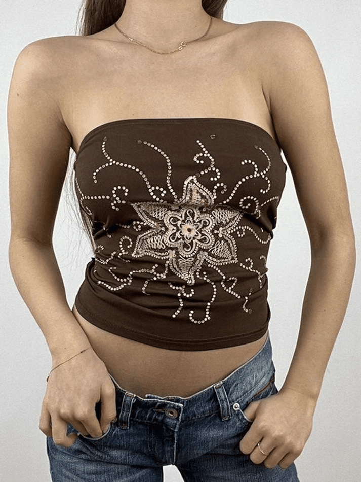 Rhinestone Floral Bandeau Top - AnotherChill