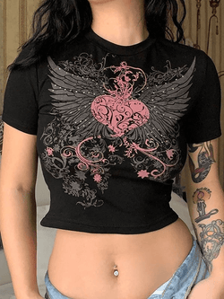 Rhinestone Heart Wing Graphic Crop Top - AnotherChill