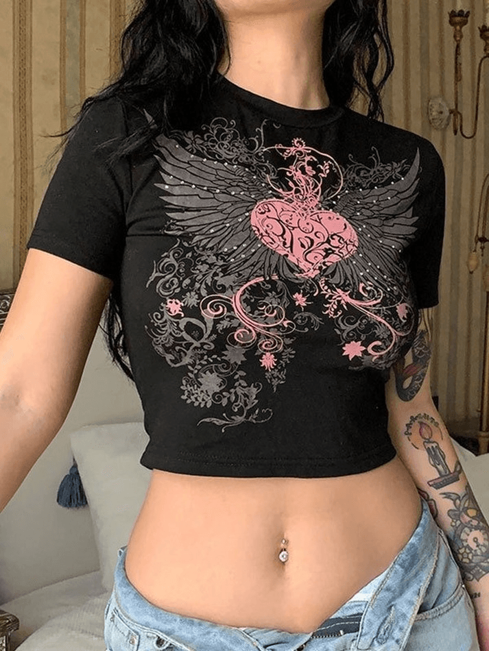 Rhinestone Heart Wing Graphic Crop Top - AnotherChill