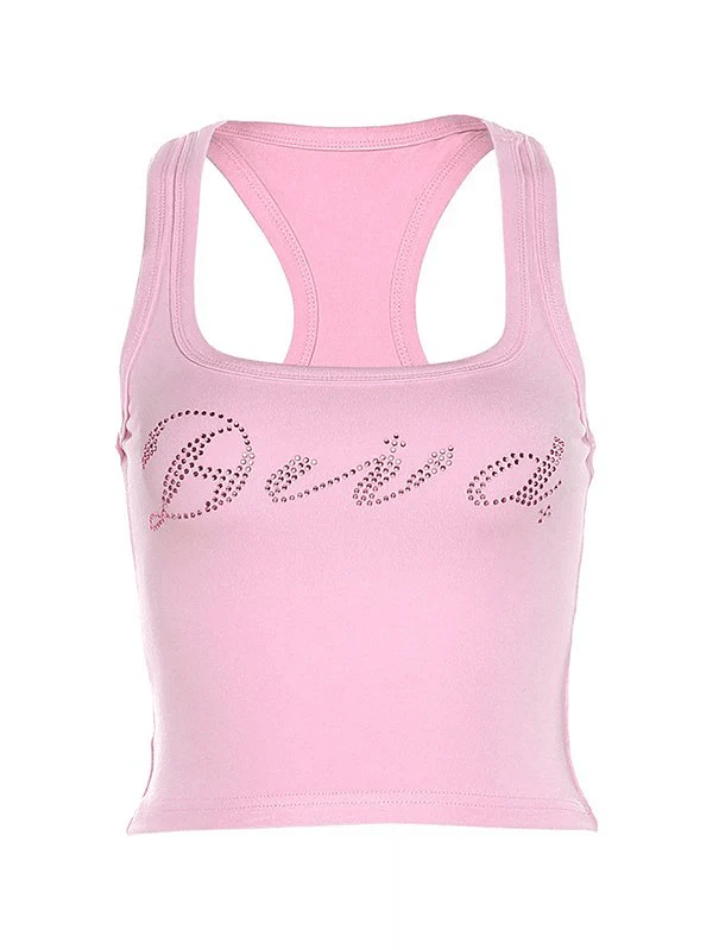 Rhinestone Letter Cropped Tank Top - AnotherChill