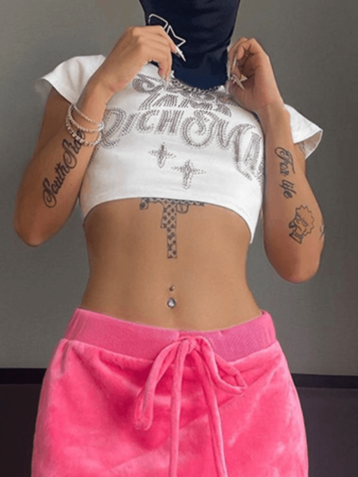 Rhinestone Letter Detail Crop Top - AnotherChill