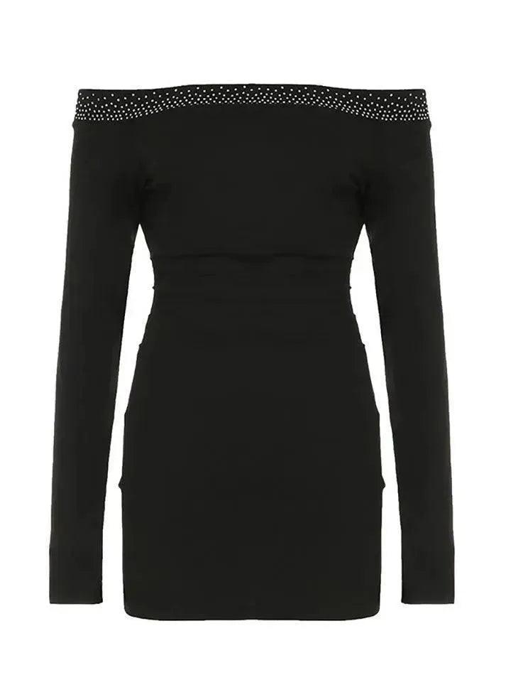 Rhinestone Off-Shoulder Ruched Long Sleeve Mini Dress - AnotherChill