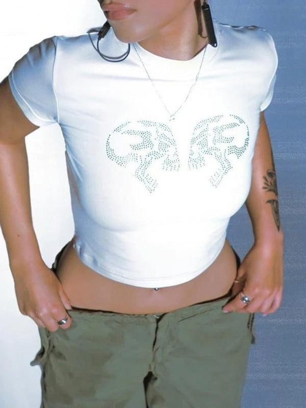 Rhinestone Skull White Crop Top - AnotherChill