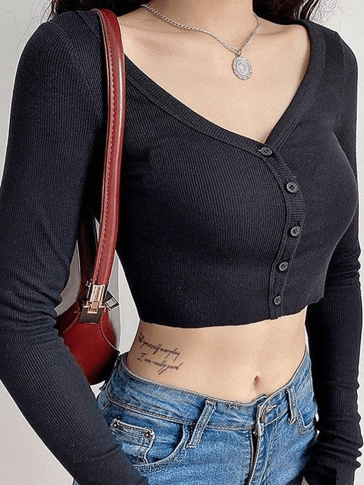 Ribbed Long Sleeve Button Crop Top - AnotherChill
