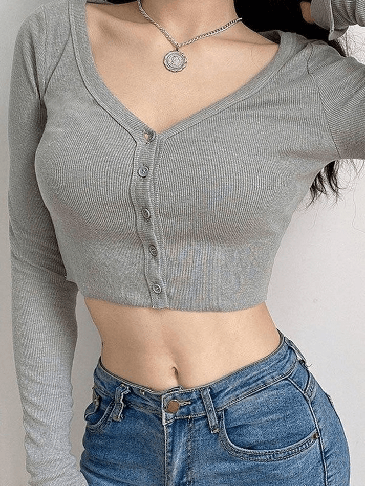Ribbed Long Sleeve Button Crop Top - AnotherChill