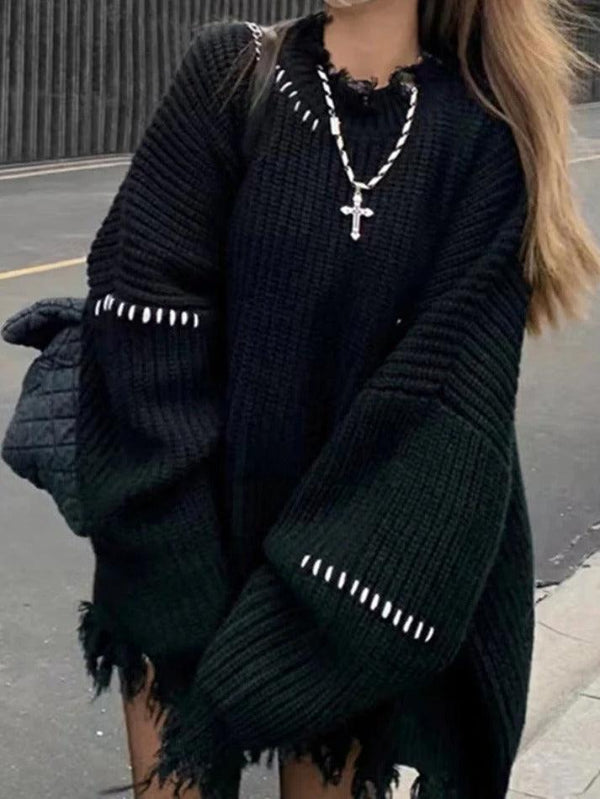 Ribbed Tattered Fringed Loose Sweater - AnotherChill