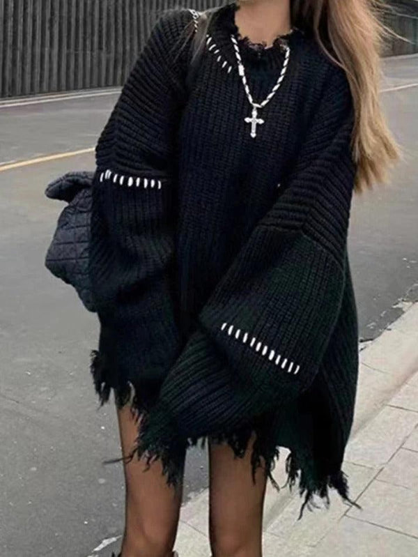 Ribbed Tattered Fringed Loose Sweater - AnotherChill