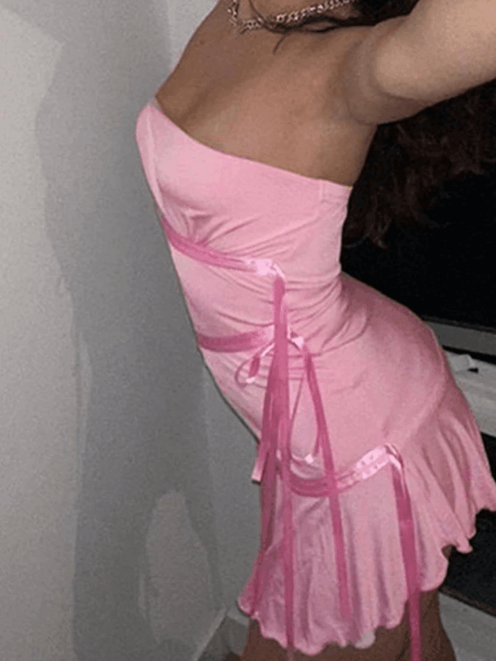 Ribbon Embellish Asymmetric Bandeau Mini Dress - AnotherChill