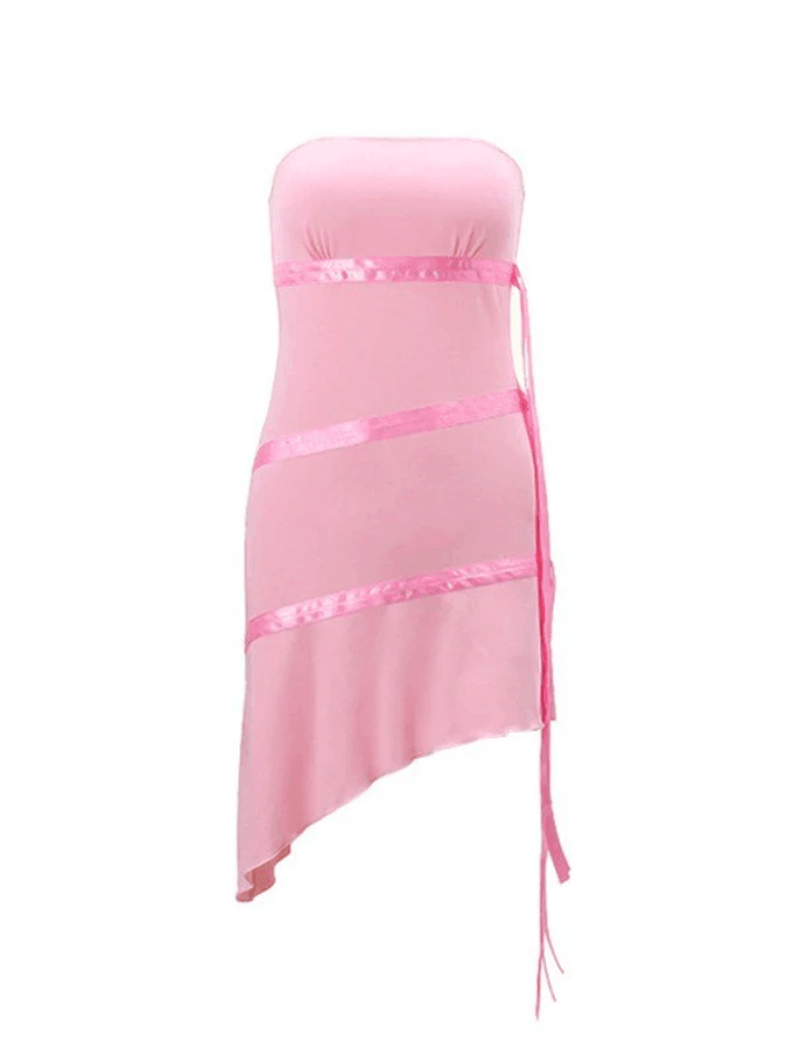 Ribbon Embellish Asymmetric Bandeau Mini Dress - AnotherChill