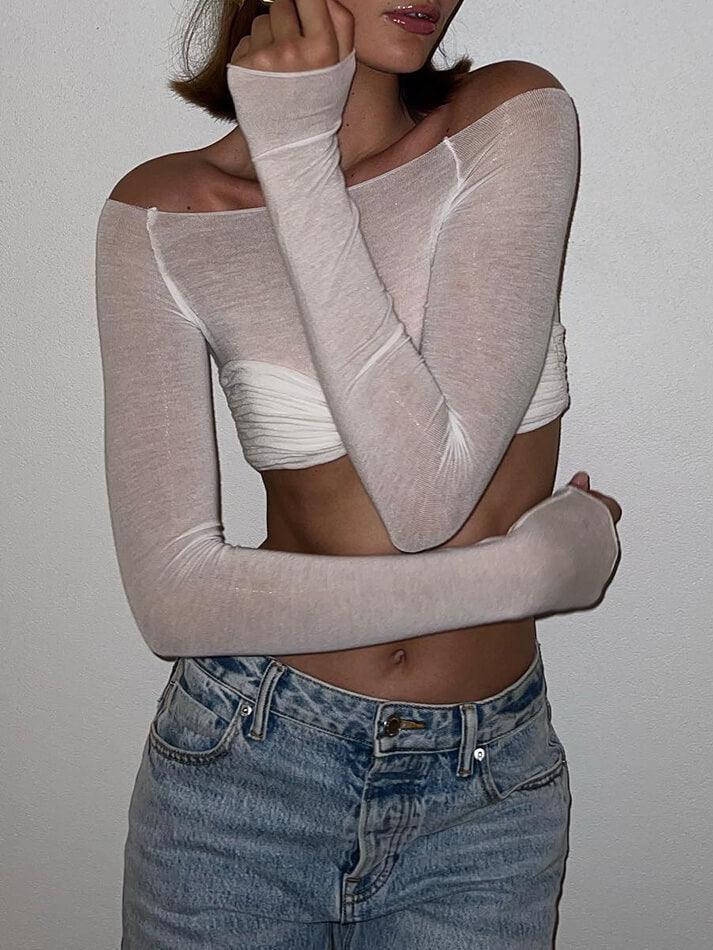 OFF SHOULDER CAP SLEEVE RUCHED KNIT TOP