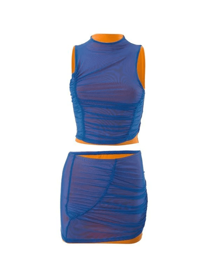 Ruched Patchwork Mesh Two Piece Set - AnotherChill