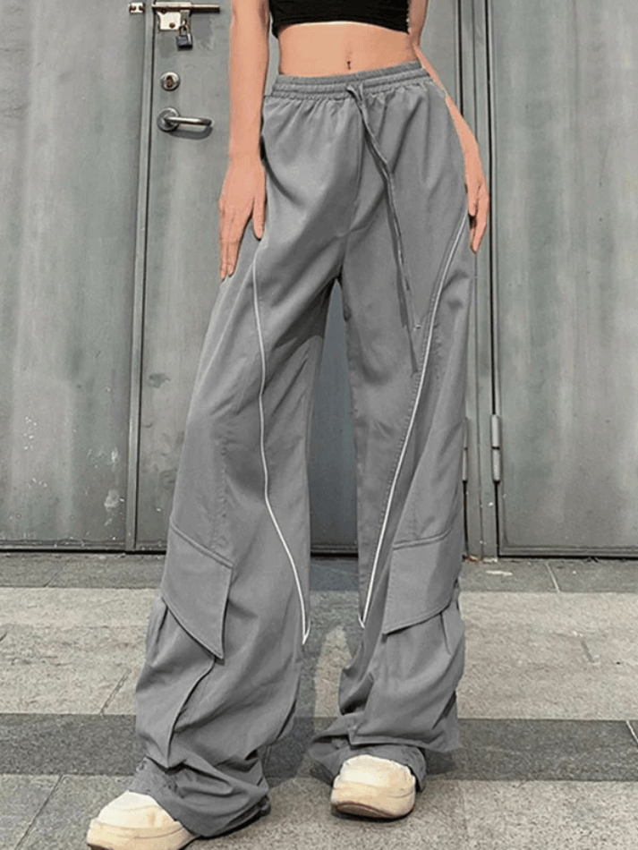 Ruched Piping Detail Wide Leg Parachute Pants - AnotherChill