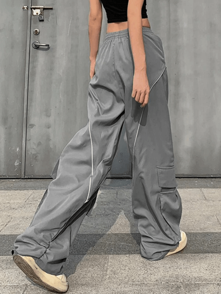 Ruched Piping Detail Wide Leg Parachute Pants - AnotherChill