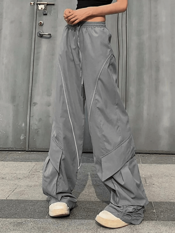 Ruched Piping Detail Wide Leg Parachute Pants - AnotherChill