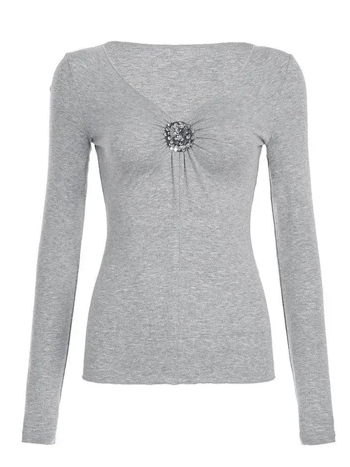 Ruched V-Neck Fitted Long Sleeve Top - AnotherChill