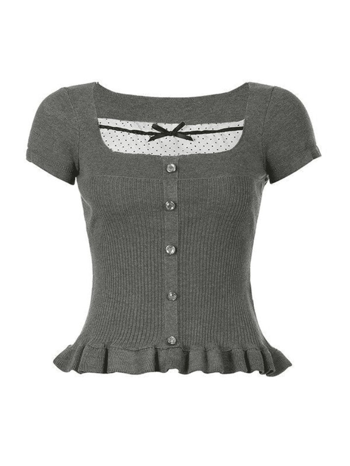 Ruffle Patchwork Buttoned Knit Top - AnotherChill